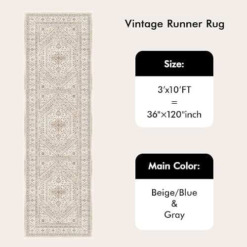 3x10 Runner Rug for Hallway Washable: Non Slip Kitchen Rugs with Rubber Backing Soft Waterproof Mats Stain Resistant Indoor Vintage Carpet Runner for Bedroom Bathroom Laundry Entryway Beige/Gray thumbnail 7