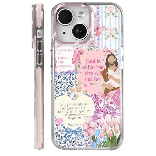 COTAIL Clear Case for iPhone 14, [Magnetic Charging Compatible][Military-Grade Protection][Anti-Yellowing] Shockproof Slim Magnetic Phone Case for iPhone 14, Pink Jesus Collage - Image 1