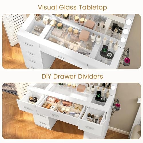 Quimoo Vanity Desk with Glass Top & Large Lights Mirror, 3 Adjustable Lighting Color, 44" Makeup Vanity Desk with 9 Drawers and 12 LED Lights, Vanity Table, Dressing Table for Bedroom(White) thumbnail 5