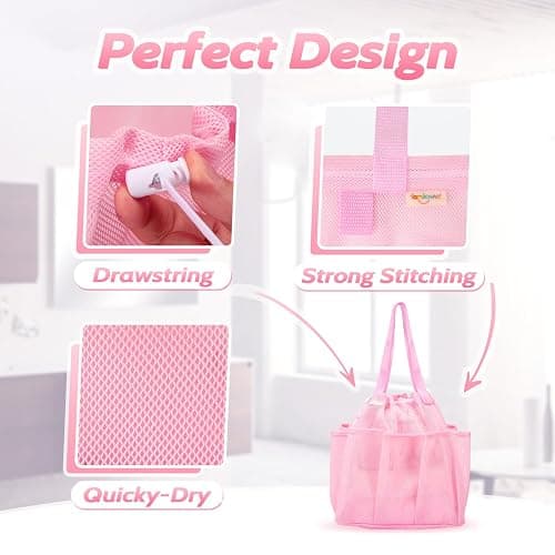famichan Mesh Shower Caddy Portable with Drawstring, Dorm Room Essentials for College Students Girls, Large Shower Bag for Camping,Swimming,Gym,Travel,Bathroom - Pink thumbnail 3