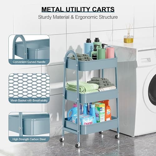 3 Tier Utility Rolling Cart, EAGMAK Metal Storage Cart with Handle and Lockable Wheels, Multifunctional Storage Organizer Trolley with Mesh Baskets for Kitchen, Living Room, Office, Garage (Blue) thumbnail 4