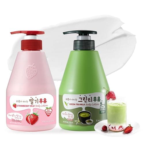 WELCOS Kwailnara Strawberry & Green Tea Milk Body Lotion Set – Moisturizing & Clarifying Korean Skincare Duo with Milk Protein, 560g / 19.75oz Each - Image 1