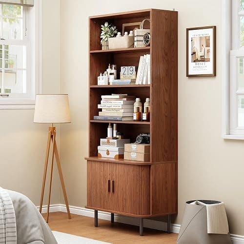 ONBRILL 71" Tall Bookshelf, 4-Tier Bookcase with Storage Cabinet & Adjustable Storage Shelf, Freestanding Wood Bookshelf with Sliding Door and Adjustable Footpad, for Home Office, Living Room, Walnut thumbnail 6