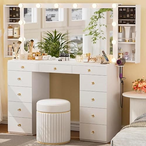 Likein Vanity Desk with Mirror and Lights, White Vanity with Hidden Jewelry Storage Cabinet, Charging Station, 11 Drawers Makeup Vanity with Lights, Crystal Knobs, 3 Color Lighting Modes for Girls - Image 1