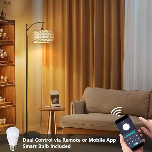 Arc Floor Lamp with Remote Control, Dimmable LED Floor Lamp with 3 Color Temperature, Black Standing Lamp with Rattan & Fabric Double Drum Shade, Boho Farmhouse Tall Pole Lamp for Living Room Bedroom thumbnail 5