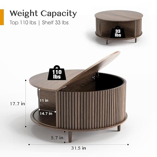 JOINICE,Round Coffee Table with Storage,Fluted Center Table with Sliding Cabinet Door for Living Room,Home Small Space,31.5" Small Center Table,Walnut thumbnail 2