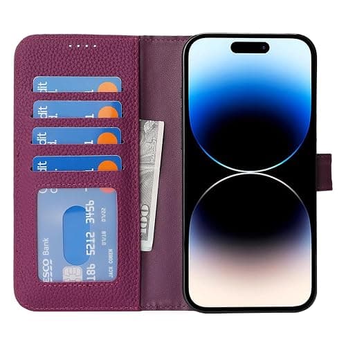 Zouzt Case for iPhone 14 Pro 6.1" Genuine Leather Wallet Case with 4 Card Slot, RFID Blocking Card Holder Magnetic Flip Folio Kickstand Shockproof Phone Cover Women Men - Rose Purple thumbnail 7