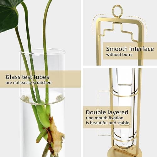 MIPON Plant Propagation Stations,Hanging Glass Propagation Test Tube Vases for Plants with Gold Metal Stand for Hydroponic Cutting Home Garden Office Decor-Gold - Gold thumbnail 5