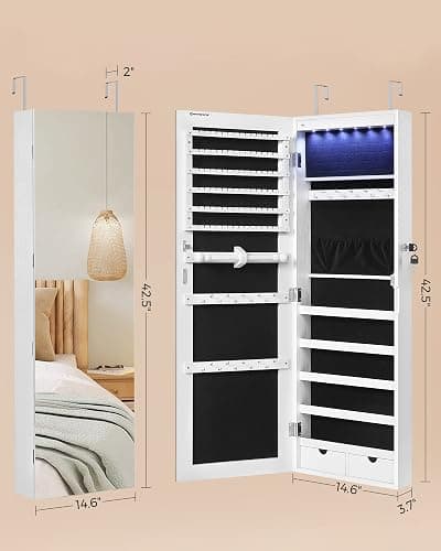 SONGMICS Hanging Jewelry Cabinet, Wall-Mounted Cabinet with LED Interior Lights, Door-Mounted Jewelry Organizer, Full-Length Mirror, Gift Idea, White UJJC99WT thumbnail 3
