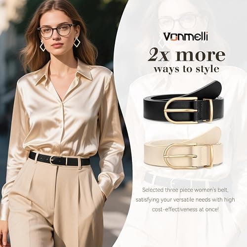 VONMELLI 2 Pack Women's Belts for Jeans Pants Fashion Gold Buckle Ladies Dress Belt thumbnail 3