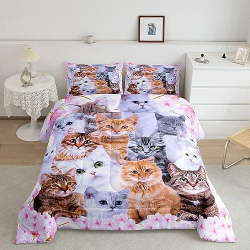 Feelyou Kids Cartoon Toddler Bedding Set Cute Animal Flowers Comforter Set Boys Girls Pink Comforter Cat Decor Quilt Set with 1 Pillowcase 2Pcs Twin Bedding - Image 1