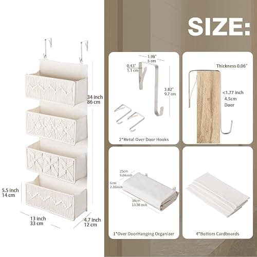 janebeauties Over the Door Organizer Macrame Boho Nursery Storage with 4 Large Woven Pockets, Hanging Basket for Bathroom, Nursery & Closet Doors, Behind the Door Storage Organizer, Cream White thumbnail 3