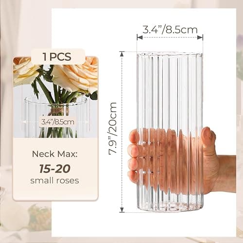 ComSaf Glass Cylinder Vases, Bud Vase for Centerpieces, 8 Inch Tall Ribbed Vase Hurricane Floating Candle Holder, Decorative Flower Vases for Wedding Reception, Home Decor, Housewarming Gift (Clear) thumbnail 3