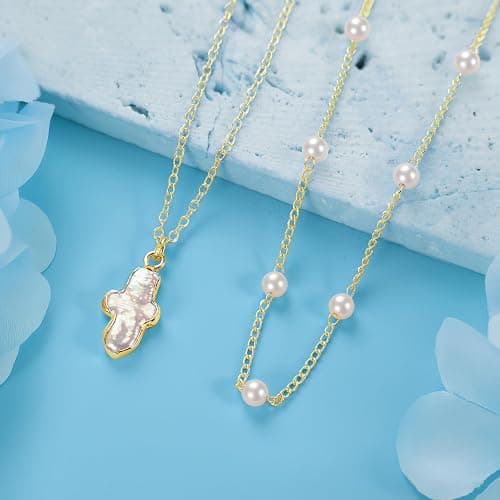 PEALICIOUS Gold Cross Necklace for Women, 14K Gold Chunky Necklace Dainty Paperclip Jewelry with Choker Layered Cross Pendant for Trendy Baroque Jewelry, Paperclip Chain Set with Freshwater Pearl thumbnail 4