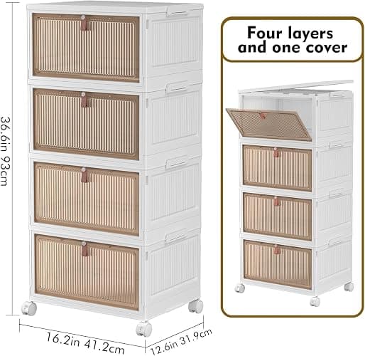YFXCVSL 4 Tier Plastic Storage Bins with Lid 32QT, Stackable Storage Bins | Plastic Storage Bins with Wheels, Folding Storage Boxes, Organizers and Storage for Living Room,Office,Dorm thumbnail 3