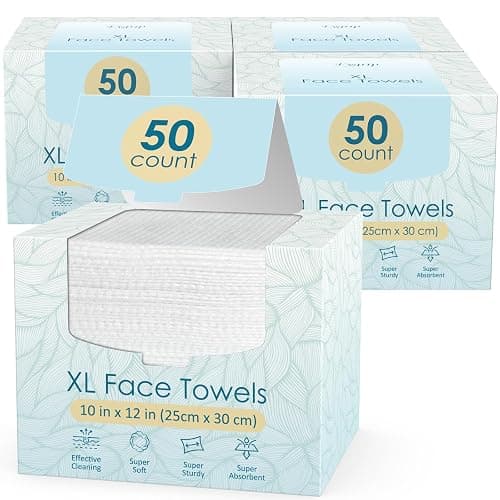 Fygrip 4 Pack of 50 count XL Disposable Face Towels 10” x 12”, 100% Viscose Fibre, Soft & Skin Friendly Face Towelettes Disposable, Facial Tissue Wipes for Women Cleansing - Image 1