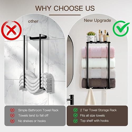 KISENG Towel Racks for Bathroom Towel Holder with Shelf & 6 Hooks,Space Saving Vertical Hanging Towel Rack, Sturdy Metal Wall Mounted Towel Storage Rack for Rolled Towels Organizer - Black - 14.76 Inch/2 Tier thumbnail 6