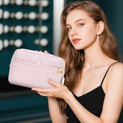 Noozion Makeup Bag, Travel Cosmetic Bag, Puffy Padded Make Up Bag for Women, Makeup Organizer Case, Wide-open Pouch Purse, Travel Essentials - Pink thumbnail 7