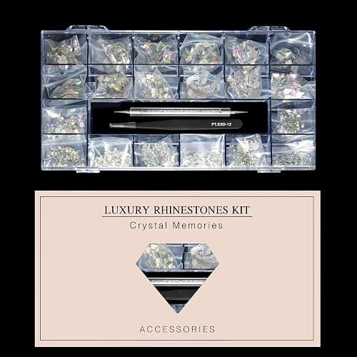 Yzzseven 12 Types of 600 Crystal AB Diamonds + 2500 Flat Rhinestones Mix 20 Styles Flatback DIY Crafts Rhinestone Crystals 3D Ornaments Flat Back Stones Set + Tweezers + Drill Pen thumbnail 6