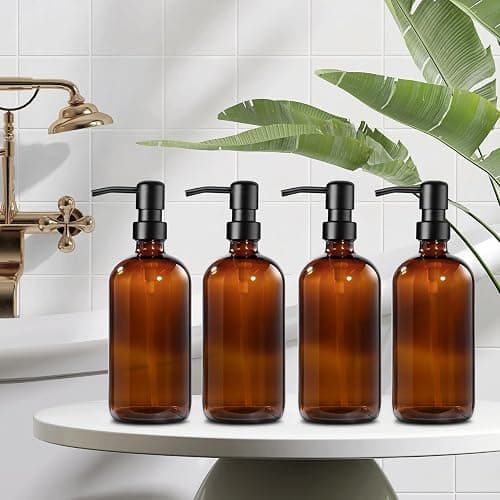 GMISUN Amber Glass Soap Dispenser, 4 Pack Bathroom Hand Soap Dispensers with Stainless Steel Pump, 17 Fl Oz Kitchen Hand and Dish Soap Dispenser Set, Modern Vintage Liquid Brown Soap Dispensers Bottle thumbnail 2
