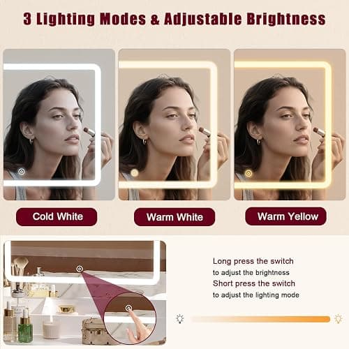 Makeup Vanity Desk with Mirror and Lights,Vanity Set with Mirror and Stool and Lights 3 Color,White Vanity Desk with Drawers,Make Up Table with Power Outlet,Dressing Table with Cabinet,Storage Shelves thumbnail 3