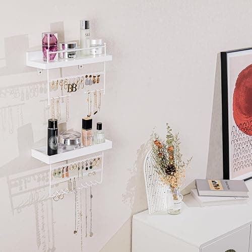 Lolalet Hanging Jewelry Organizer Wall Mount with Earrings, Bracelets, Necklaces Hooks - Easy Install Free Combination Jewelry Holder for Wall Bathroom - Set of 2, White thumbnail 2