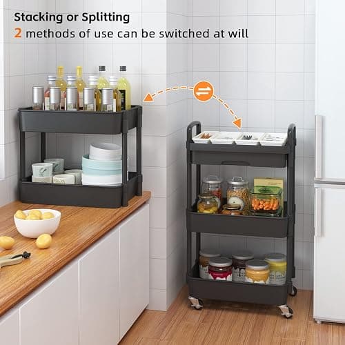 Calmootey 3-Tier Utility Cart with Drawer & Wheels, Storage for Home,Office | Space-Saving Organizer, Sturdy Plastic Shelves, Smooth-Rolling Metal Wheels, Built-in Drawer for Small Items, Black thumbnail 7