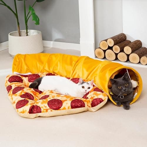 LUCKITTY Cat Tunnel Bed - Peek-a-Boo Pizza Shape Design for Cozy and Playful Animals - 9.8 -Inch Diameter Yellow thumbnail 2