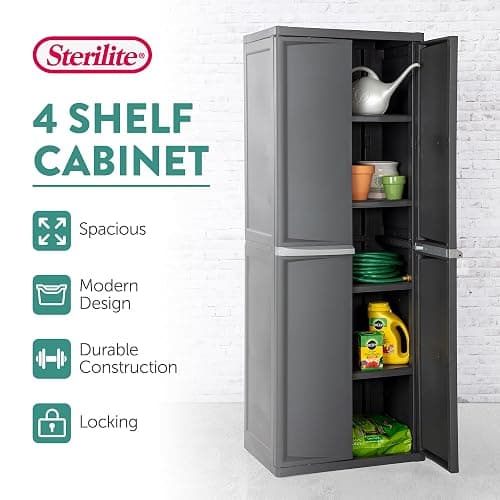 Sterilite 4 Shelf Cabinet, Lockable Utility Storage, Gray | Adjustable Shelves - Plastic Shelving Unit for Organizing Garage, Pantry, Basement, Laundry Room or Mudroom thumbnail 4