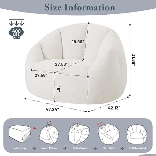 Giant Bean Bag Chair for Adults - Comfy Plush Round Shell Soft Accent Chair, Oversized Cozy Lounge Floor Sofa Reading Chair, Mini Couch for Living Room, Bedroom & Game Rooms, Beige thumbnail 2