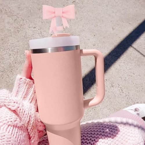 Hpebl 4Pcs Pink Bow Straw Toppers Covers Glitter Stanley Cup Accessories | Dust-Proof Silicone Bow Straw Covers Toppers for Stanley Cups 40/30oz, Shiny Pink Reusable Straws Caps Tips for Tumbler thumbnail 5