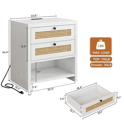 LIKIMIO Night Stand, 23" Wide Nightstand with Charging Station, Boho Side Table with Drawers and Open Shelf, Rattan Bedside End Table for Bedroom, White Oak thumbnail 2