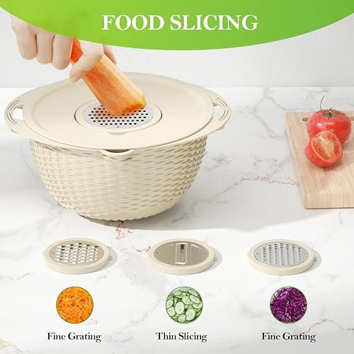 4-1 Colander with Bowl Set - Rotatable Strainers for Kitchen, Food Strainers and Colanders, Funny Presents for Women, Fruit Cleaner, Veggie Wash, Aesthetic Kitchen Gadget Essentials - Beige thumbnail 5