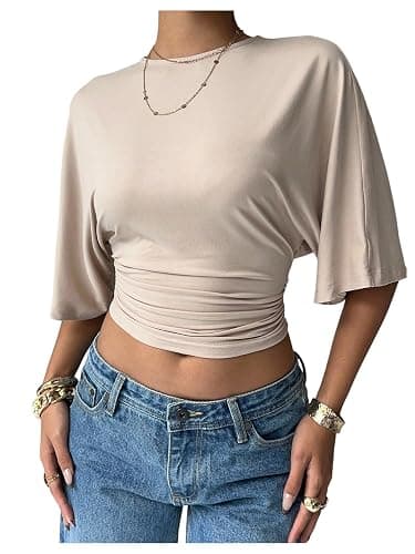 Verdusa Women's Half Sleeve Cinched Waist Tops Ruched Crew Neck T Shirts Going Out Crop Tops - Image 1