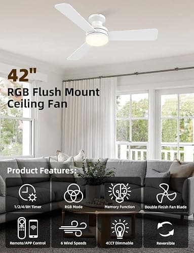Homlit 42 inch RGB Ceiling Fan with Light, Smart App & Remote Control Low Profile Flush Mount, Music Sync Lighting, 6-Speed Quiet Reversible DC Motor, 4CCT Dimmable for Home Office Party,White thumbnail 4