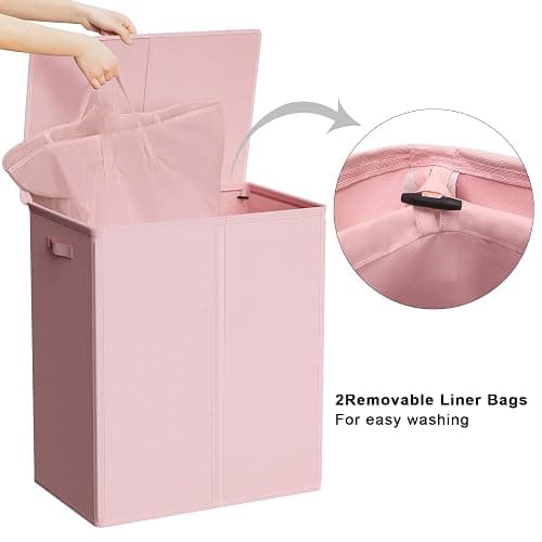 WOWLIVE 154L Double Laundry Hamper with Lid and Removable Laundry Bags, Large Dirty Clothes Hamper 2 section Collapsible Laundry Basket Dorm Room Storage for Bedroom, Bathroom, College,Pink thumbnail 5
