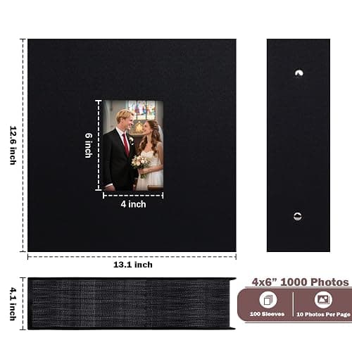 Extra Large Capacity Photo Album 4x6 1000 Pockets, Linen Cover and Front Window,Holds 1000 4x6 Horizontal and Vertical Photos,4 x 6 Picture Book for Family Wedding Anniversary Vacation (Black) thumbnail 3