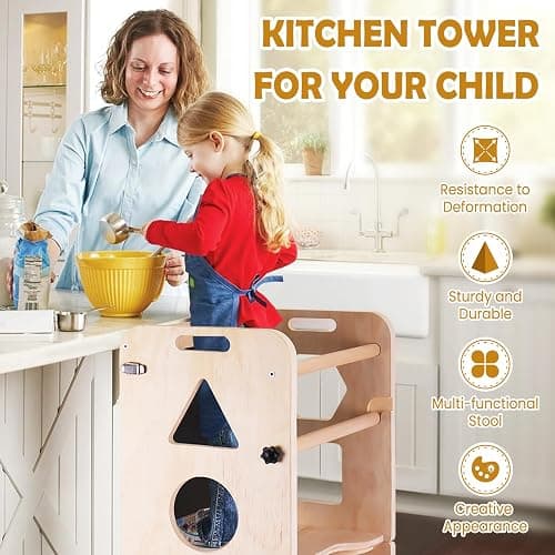 Woodure 4-in-1 Toddler Kitchen Step Stool, Foldable Learning Standing Tower with Blackboard, Wooden Kitchen Stool Helper for Kids, 1-3 Year Old Boy Girl Gifts thumbnail 5