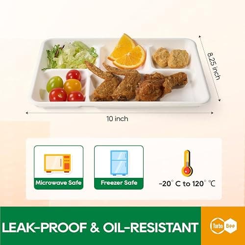 Turbo Bee Disposable 5 Compartment Plates, 100Pack Bagasse Divided Paper Trays, Heavy Duty Serving Plates for School Lunch, Meal Prep, Picnic and Buffet thumbnail 3