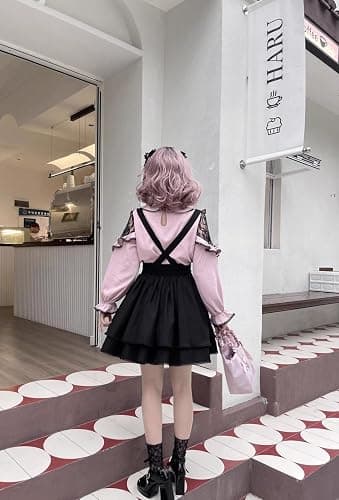 Cuteighteen Goth Mini Skirt Teens High Waisted Y2K Cute Lace Lolita A Line Flare Kawaii Suspender Skirts with Bow thumbnail 5