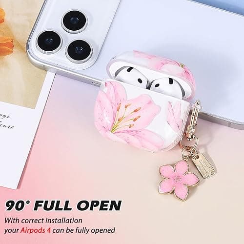 CameCosy Transparent Case Compatible for Airpods 4 Generation 2024 with Flower Pendant, Cute Cover with Pink Lily Flower Pattern for Girls, Protective Case in Shockproof Anti-Scratches Anti-Slip TPU thumbnail 5
