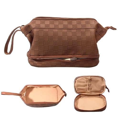 Abiudeng Large Capacity Makeup Bag Ladies Cosmetic Bag Travel Bag with Compartments Portable PU Leather Travel Makeup Bag with Handle - Image 1