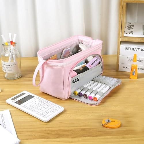 MAMUNU Pencil Case Pouch Large Capacity with Compartments, Pencil Case Pouch Bag with Zipper Handle for Teen Girls Adults Women, Portable Pen Bag Stationery Organizer for Office School Travel, Pink thumbnail 8