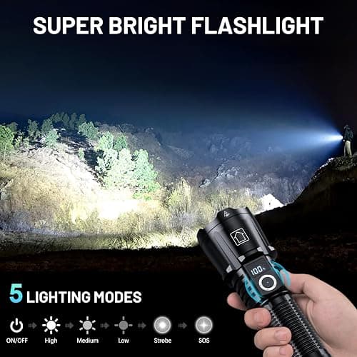 baibian Rechargeable Flashlights 4000.000 High Lumens, Super Bright Flashlight High Powered Tactical Flashlight, 6 Modes with LCD Power Display, Zoomable, Waterproof Handheld Flash Light for Emergency thumbnail 2