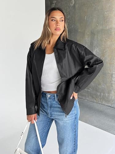 Trendy Queen Womens Oversized Leather Jacket Moto Bomber Coat Fall&Winter | Spring Jacket Boyfriend Fall Clothes Going Out Fashion Concert Party Coat Travel Airport Winter Outfits thumbnail 5