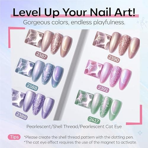 modelones Cat Eye Gel Nail Polish, 6 Colors Pearl Magnetic Swirl Shell Set | Purple Pink Blue Nude Green Glitter Cateye Gel Polish Kit with Magnet, Iridescent Mermaid Thread, DIY Manicure Gift for Women thumbnail 2