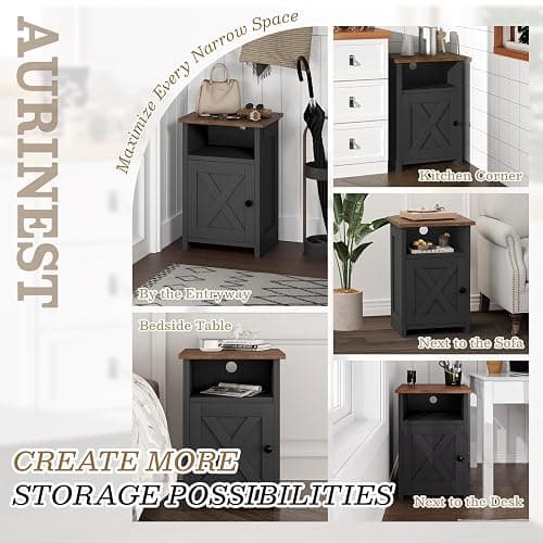 AURINEST Farmhouse End Table Set of 2 w/Charging Station, Nightstands w/Barn Door & Storage Shelf, Rustic Bedside Table for Living Room, Bedroom, Entryway, Office, Small Spaces, Black thumbnail 8