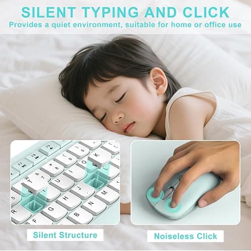 Silent Keyboard and Mouse Combo Wireless,ful-Sized Wireless Keyboard and Adjustable DPI Mouse, 2.4GHz USB Receiver, Keyboard and Mouse for PC, Windows, MAC, Desktop, Laptop (Mint Green-B) thumbnail 3
