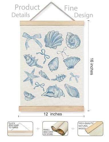 XUNLURY Coquette Blue Bow Beach Poster Hanger Frame, Coastal Seashell Starfish Conch Canvas Wall Art, Nautical Coastal Wall Decor for Home Bedroom Living Room Beach House, 12x16 Inch thumbnail 2