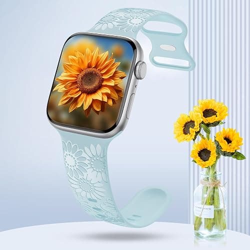 Sunflower Engraved Band Compatible with Apple Watch Bands 38mm 40mm 41mm 42mm 44mm 45mm 49mm Women, Designer Soft Glossy Floral Silicone Strap for iWatch Series Ultra 11 10 9 8 7 6 SE 5 4 3 2 1 thumbnail 3